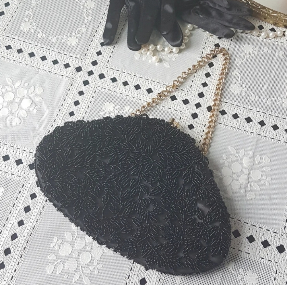 Vintage 1960s Black Beaded Evening Bag: Convertible Clutch - Picture 2 of 9